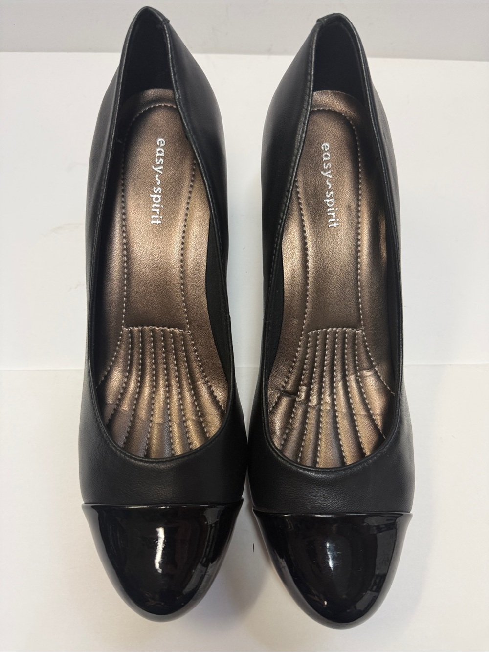 Easy Spirit Black Leather Pumps with Patent Cap Toe